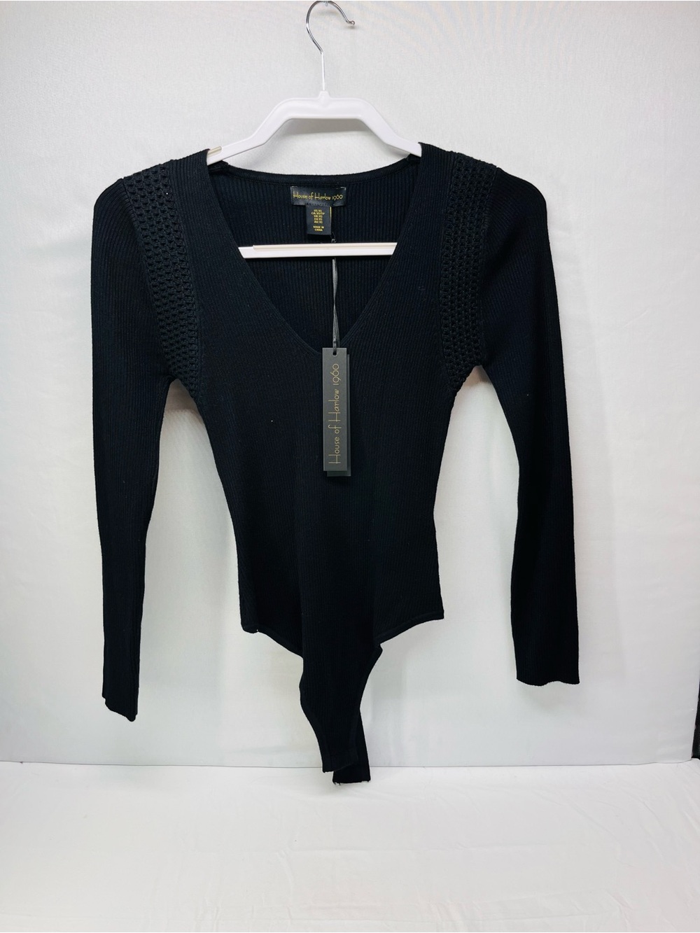 House of Harlow 1960 Black Ribbed V-Neck Long Sleeve Bodysuit